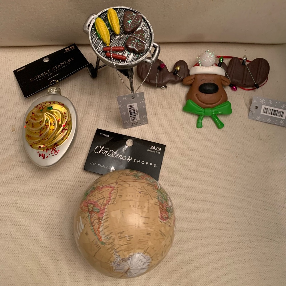 Christmas Ornament Set with Deviled Egg, Grill, Globe, and Reindeer